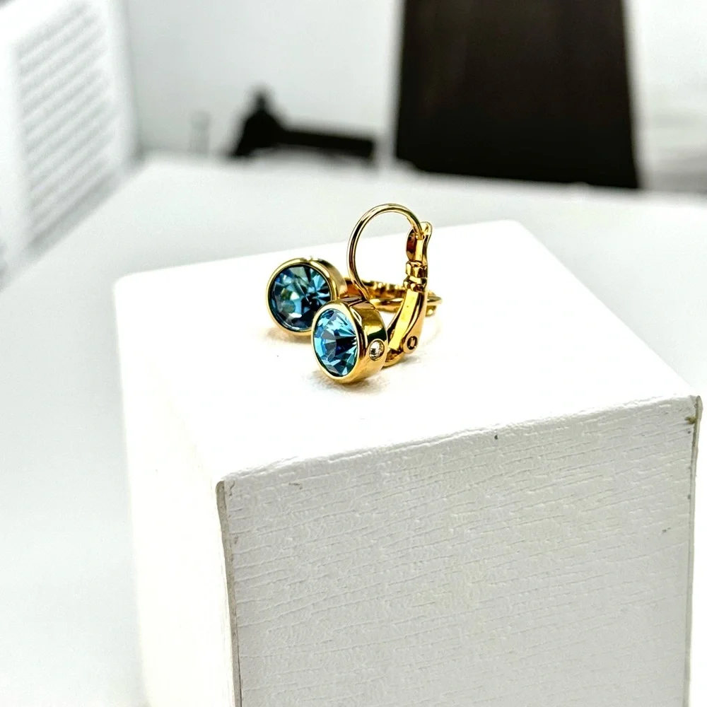 Aquamarine And Clear Crystal Hook Gold Earrings - Picture 5 of 6